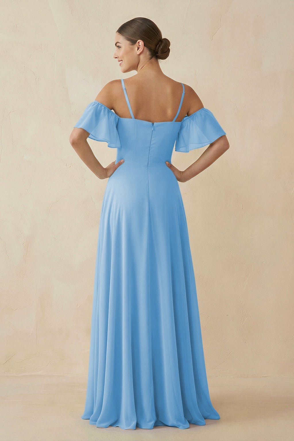 Off - the - Shoulder A - Line Chiffon Bridesmaid Dress in Steel Blue - SHE IS ME Bridesmaid Dresses