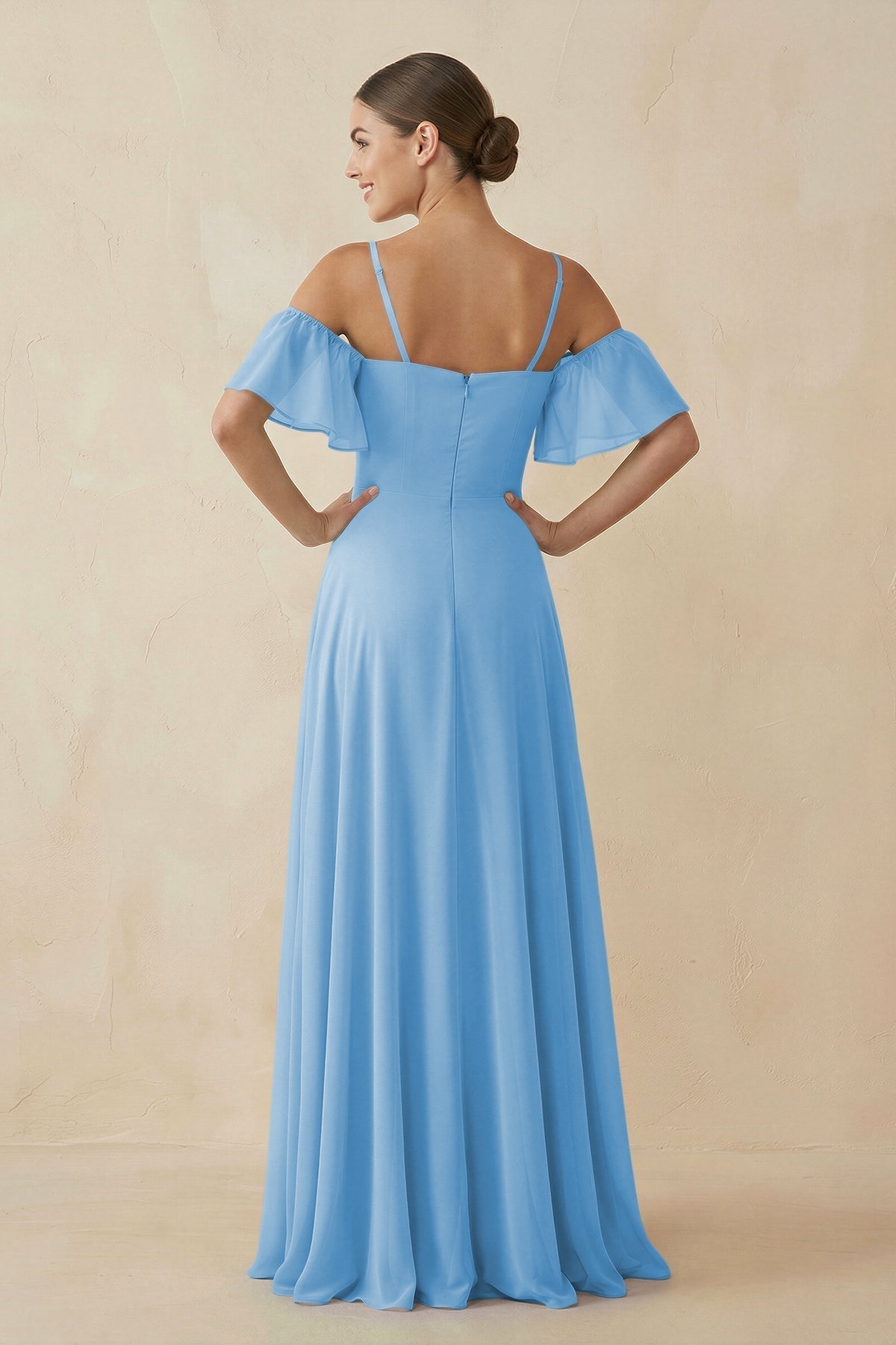 Off - the - Shoulder A - Line Chiffon Bridesmaid Dress in Steel Blue - SHE IS ME Bridesmaid Dresses