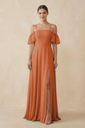 Off - the - Shoulder A - Line Chiffon Bridesmaid Dress in Terracotta - SHE IS ME Bridesmaid Dresses