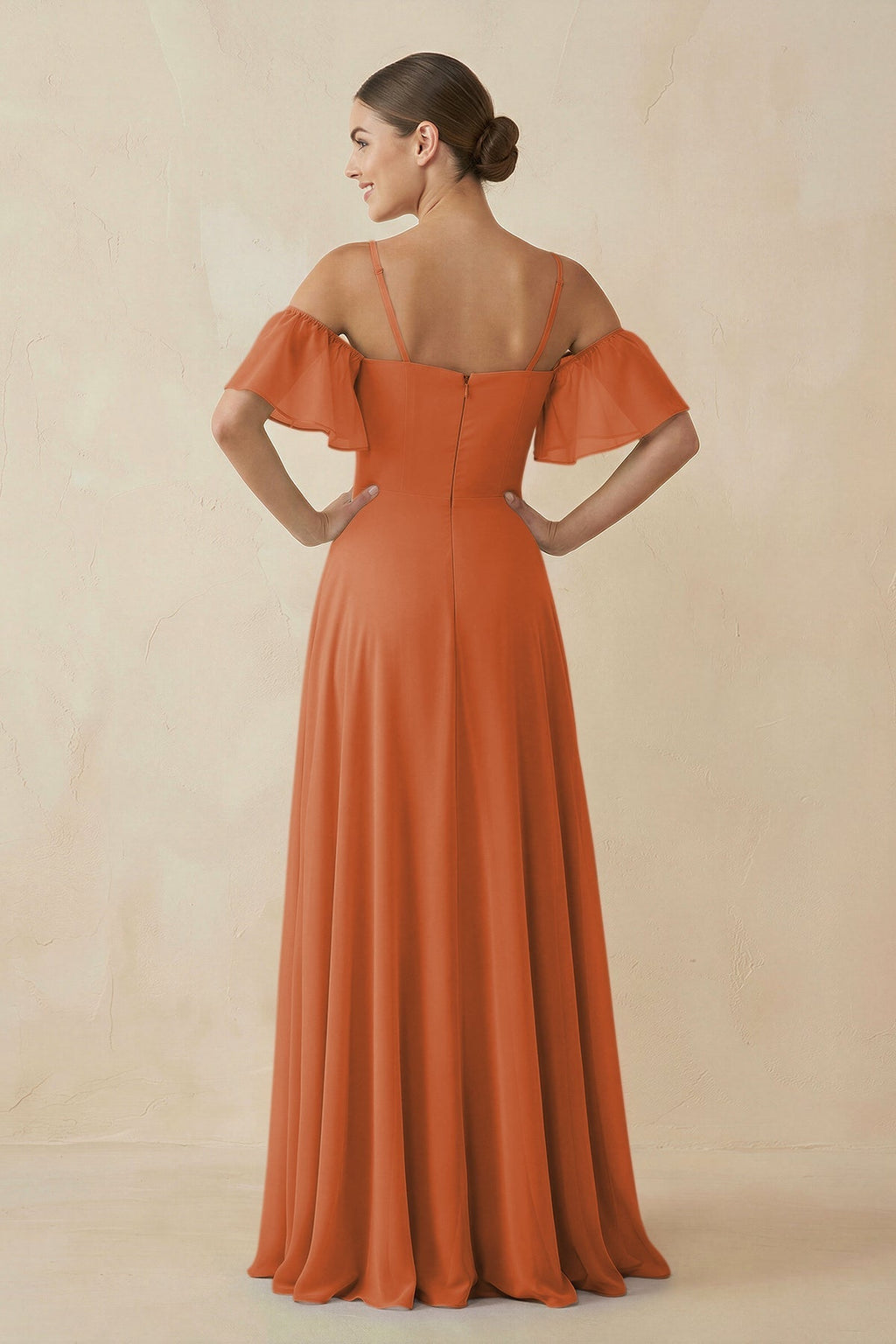 Off - the - Shoulder A - Line Chiffon Bridesmaid Dress in Terracotta - SHE IS ME Bridesmaid Dresses