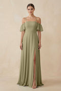 Off - the - Shoulder A - Line Chiffon Bridesmaid Dress in Thyme - SHE IS ME Bridesmaid Dresses
