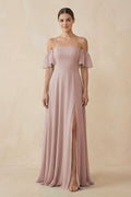 Off - the - Shoulder A - Line Chiffon Bridesmaid Dress in Toffee - SHE IS ME Bridesmaid Dresses