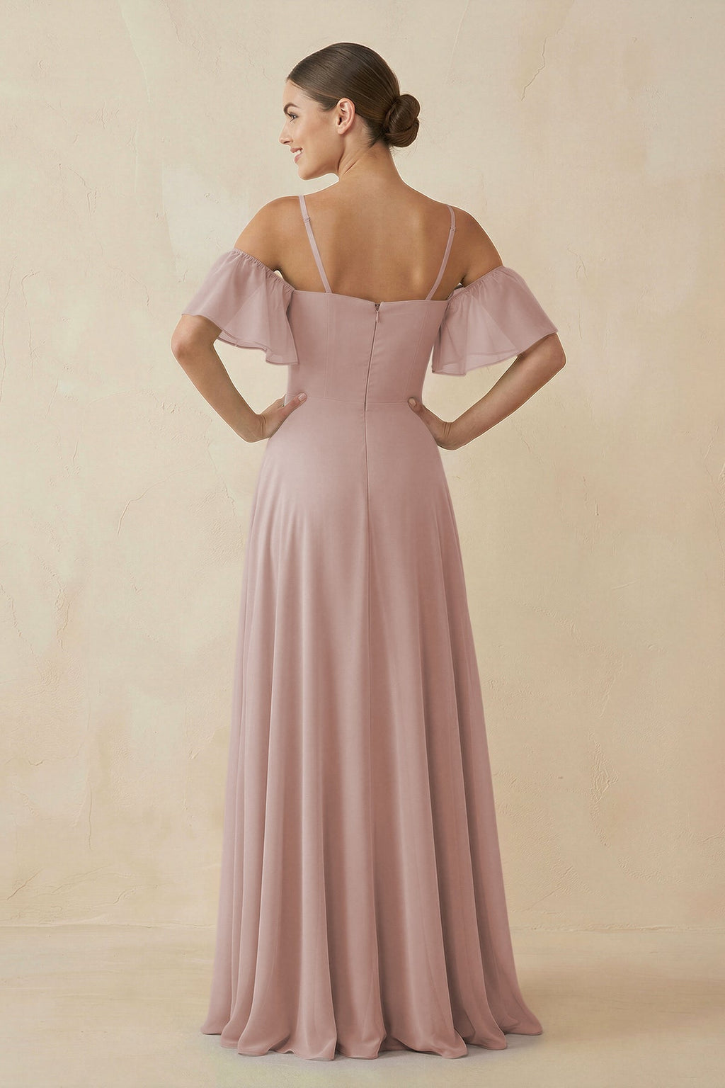 Off - the - Shoulder A - Line Chiffon Bridesmaid Dress in Toffee - SHE IS ME Bridesmaid Dresses