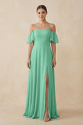Off - the - Shoulder A - Line Chiffon Bridesmaid Dress in Turquoise - SHE IS ME Bridesmaid Dresses