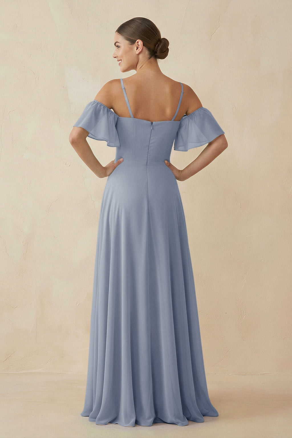 Off - the - Shoulder A - Line Chiffon Bridesmaid Dress in Twilight - SHE IS ME Bridesmaid Dresses