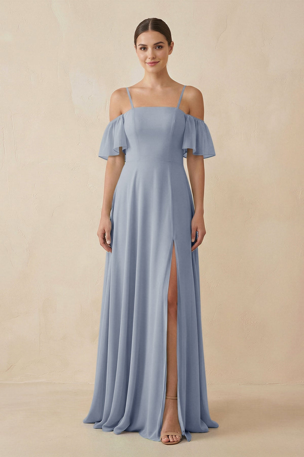 Off - the - Shoulder A - Line Chiffon Bridesmaid Dress in Twilight - SHE IS ME Bridesmaid Dresses