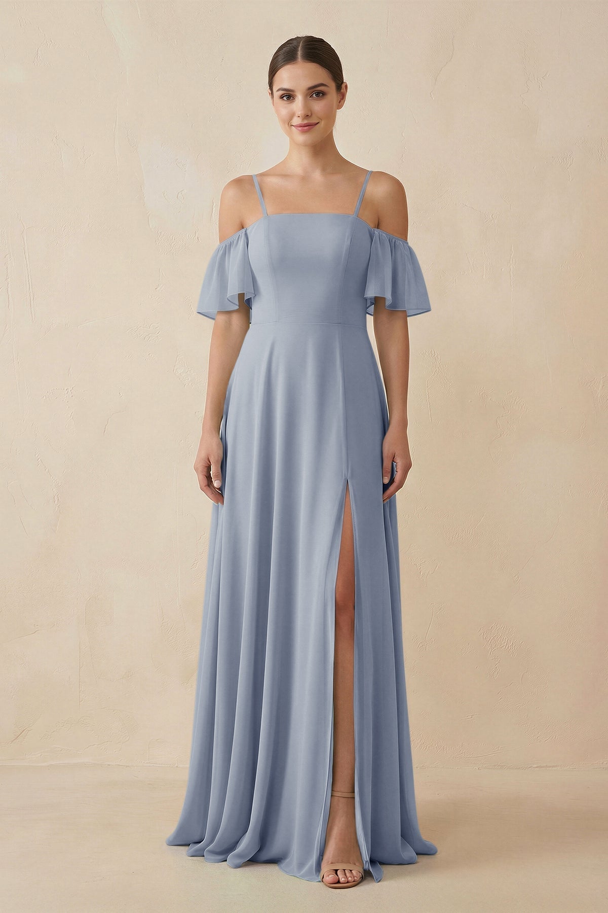 Off - the - Shoulder A - Line Chiffon Bridesmaid Dress in Twilight - SHE IS ME Bridesmaid Dresses