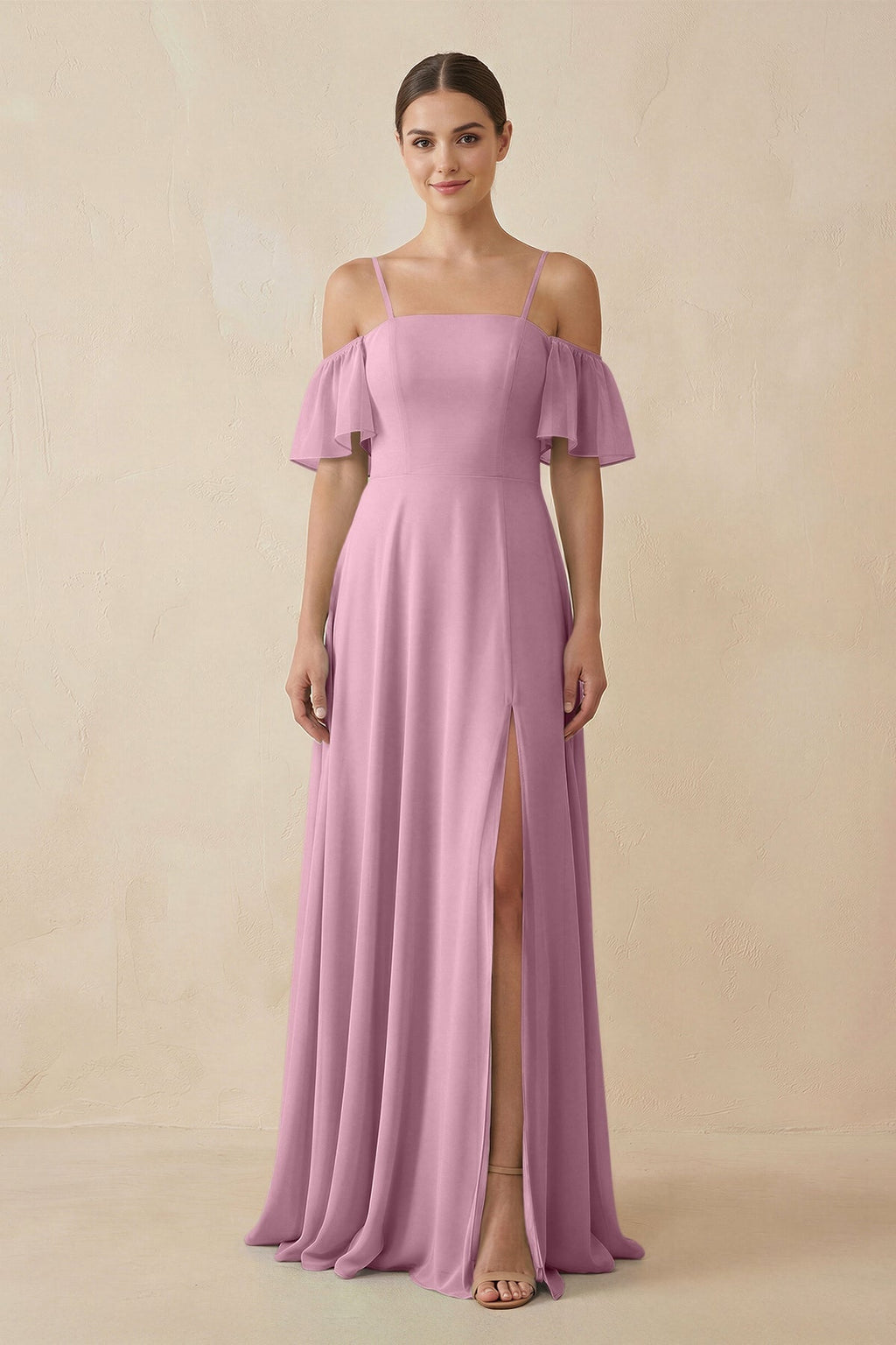 Off - the - Shoulder A - Line Chiffon Bridesmaid Dress in Vintage Mauve - SHE IS ME Bridesmaid Dresses
