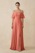 Off - the - Shoulder A - Line Chiffon Bridesmaid Dress in Wild Rose - SHE IS ME Bridesmaid Dresses