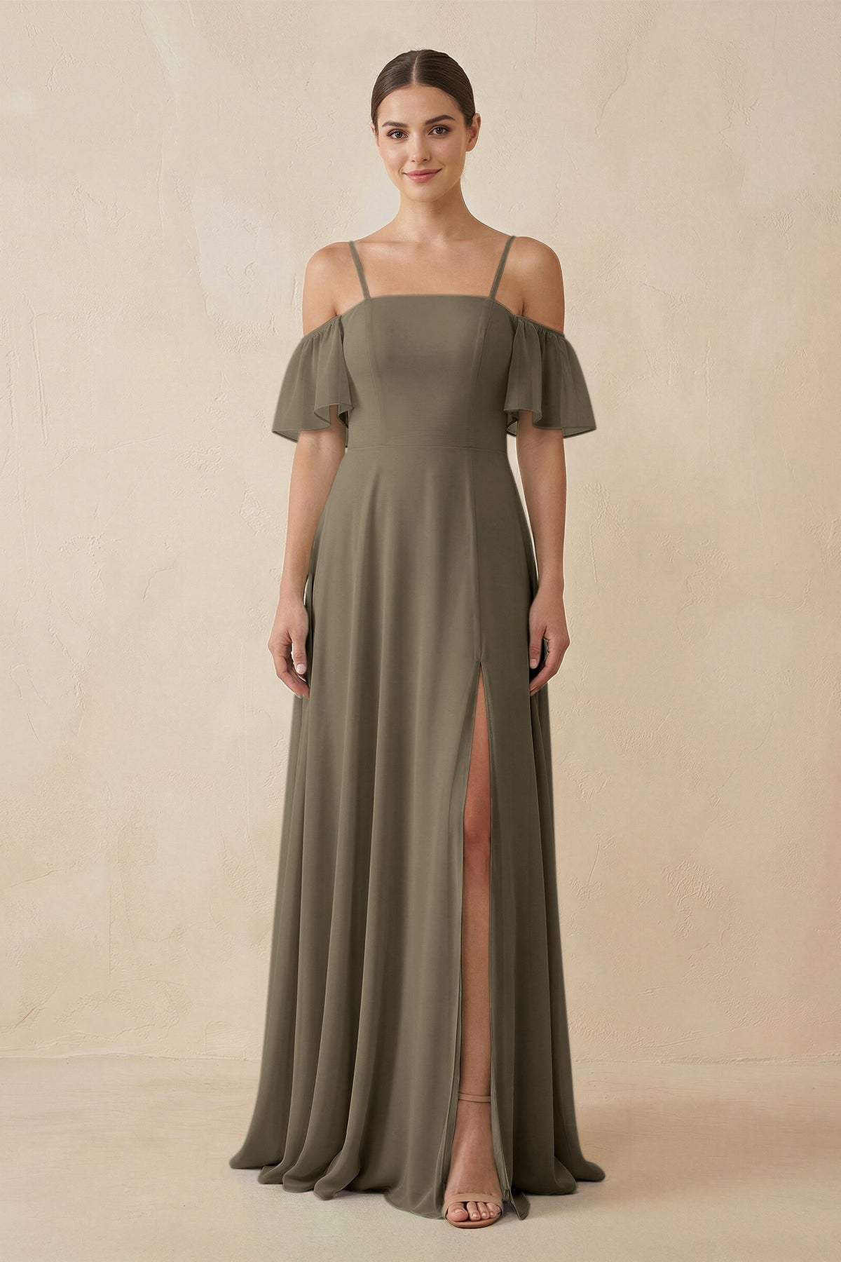 Off - the - Shoulder A - Line Chiffon Bridesmaid Dress in Willow Green - SHE IS ME Bridesmaid Dresses