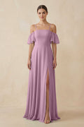 Off - the - Shoulder A - Line Chiffon Bridesmaid Dress in Wisteria - SHE IS ME Bridesmaid Dresses