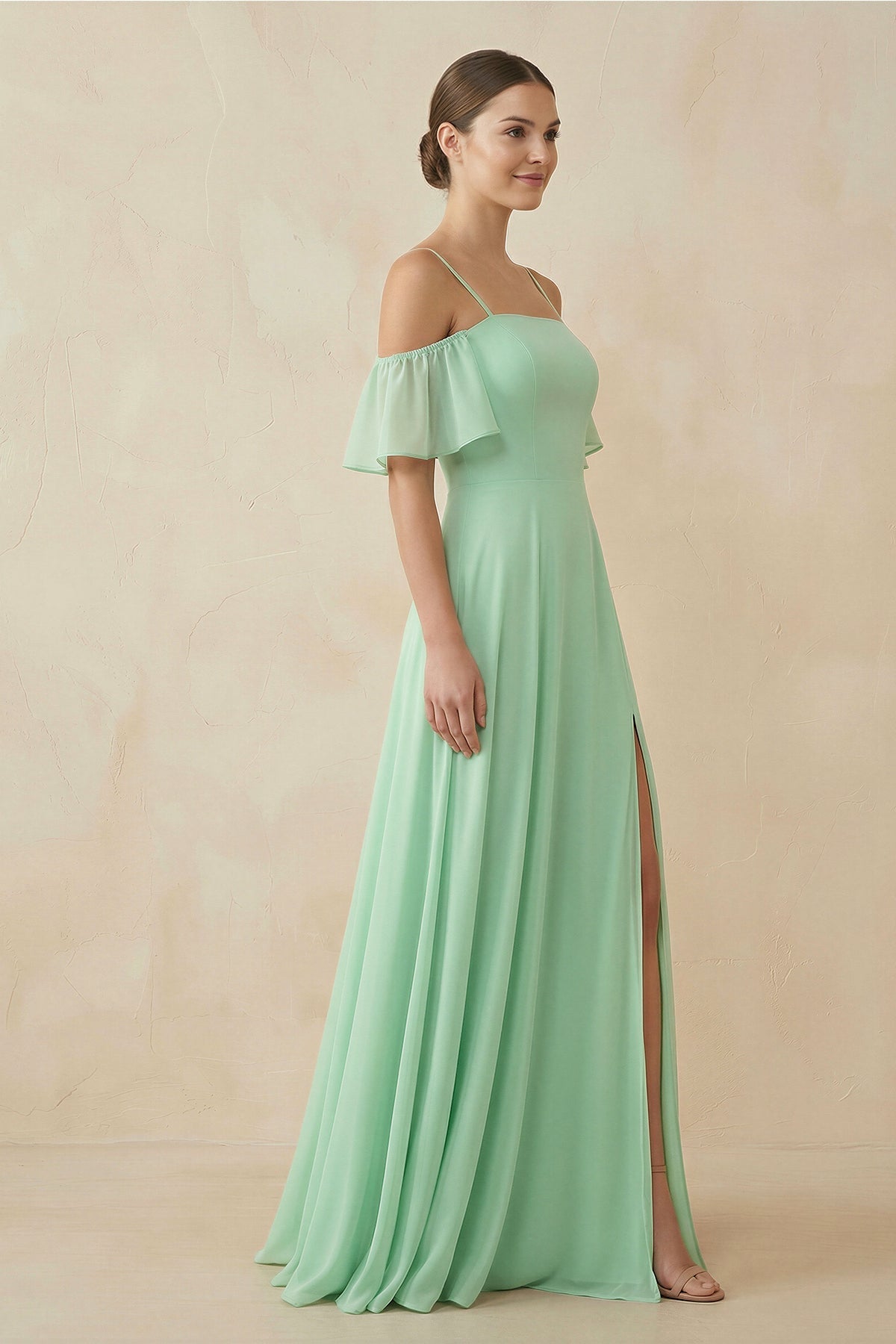 Off-the-Shoulder A-Line Chiffon Bridesmaid Dress in Pale Pistachio - SHE IS ME BRIDESMAID DRESSES