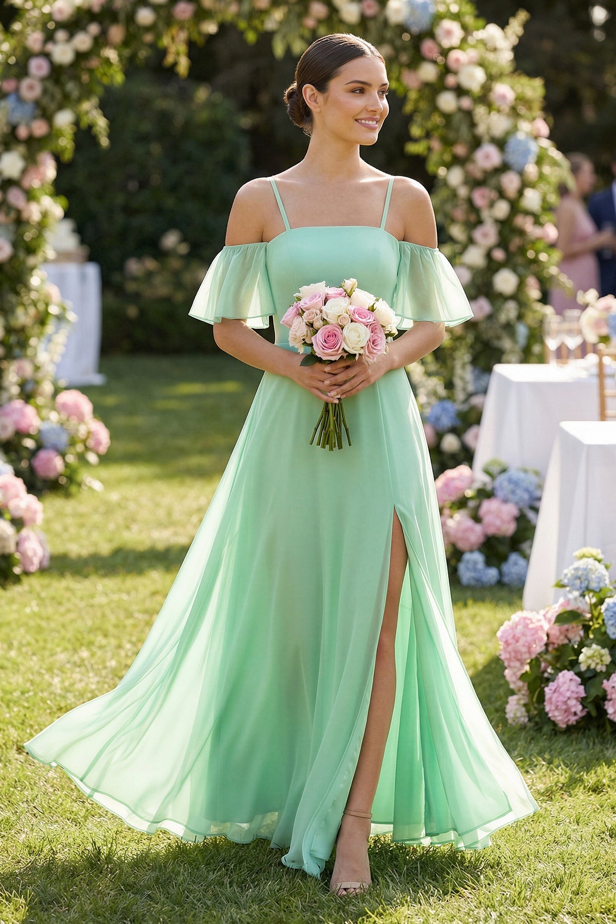 Off-the-Shoulder A-Line Chiffon Bridesmaid Dress in Pale Pistachio - SHE IS ME BRIDESMAID DRESSES