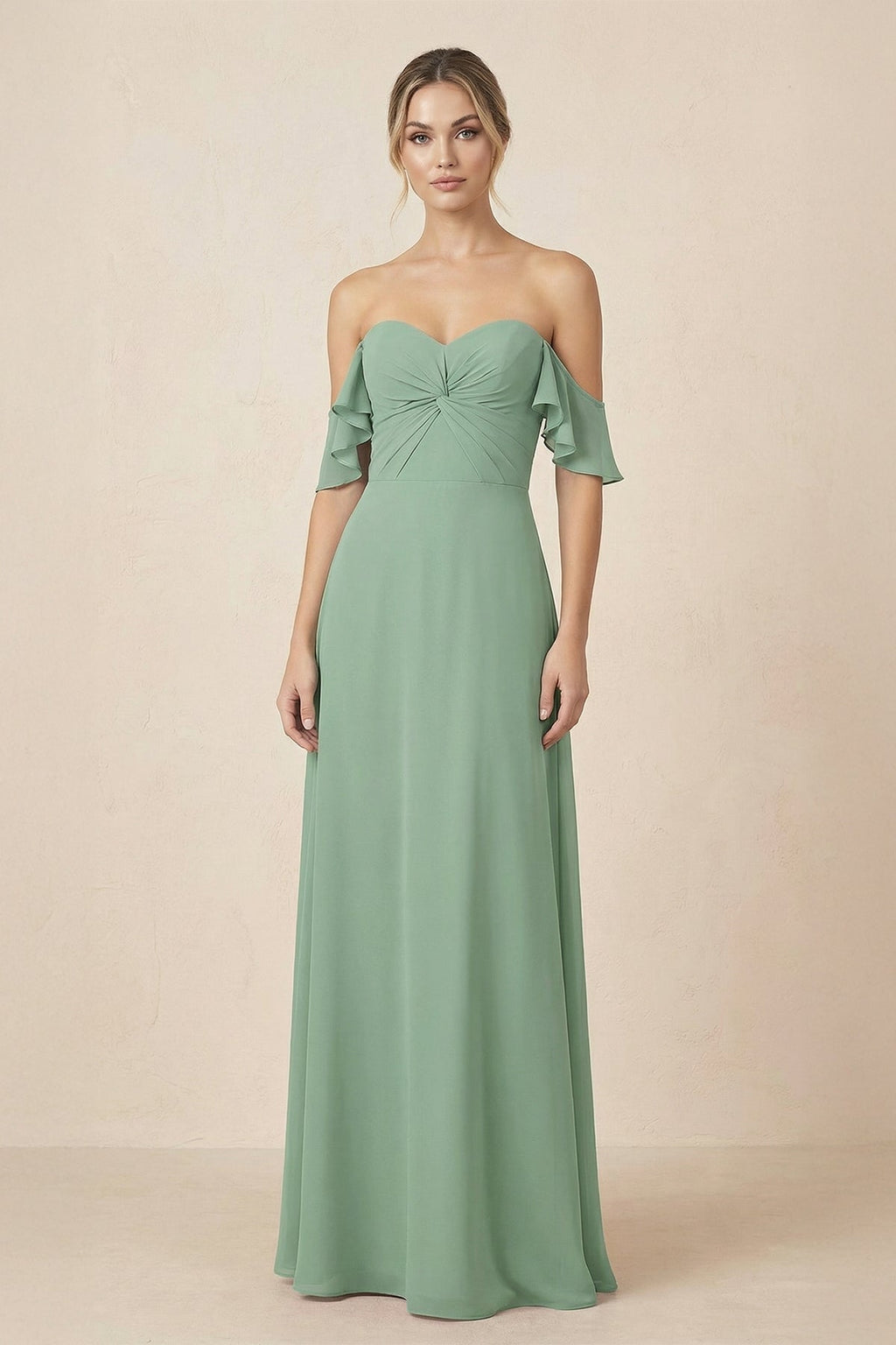 Off-the-Shoulder A-Line Chiffon Ruched Bridesmaid Dress in Sea Glass - SHE IS ME BRIDESMAID DRESSES