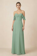 Off-the-Shoulder A-Line Chiffon Ruched Bridesmaid Dress in Sea Glass - SHE IS ME BRIDESMAID DRESSES