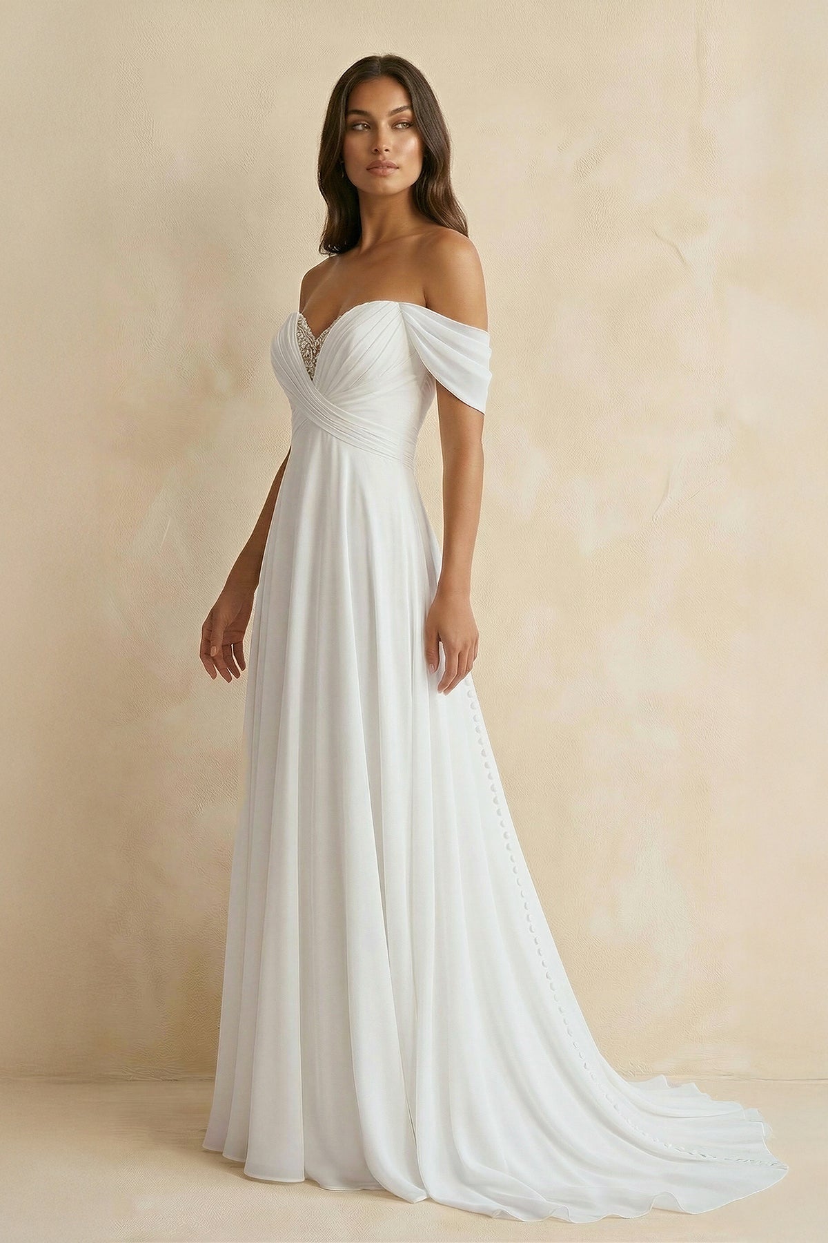 Off The Shoulder A Line Chiffon Wedding Dress in White - SHE IS ME Wedding Dresses
