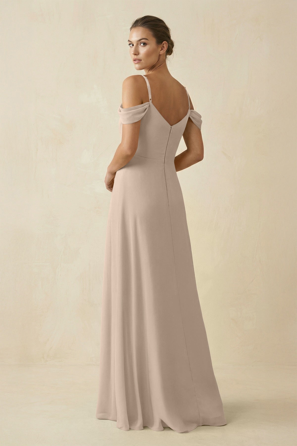 Off - the - Shoulder A - Line Pleated Chiffon Bridesmaid Gown in Almond - SHE IS ME Bridesmaid Dresses