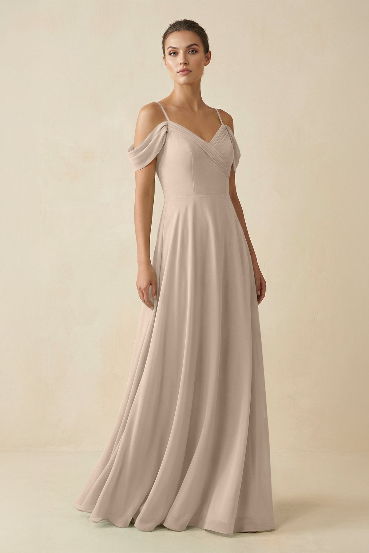 Off - the - Shoulder A - Line Pleated Chiffon Bridesmaid Gown in Almond - SHE IS ME Bridesmaid Dresses