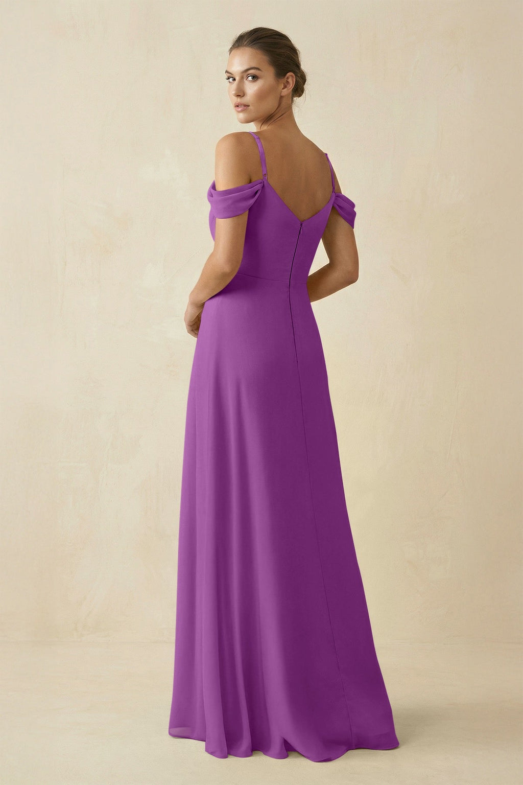 Off - the - Shoulder A - Line Pleated Chiffon Bridesmaid Gown in Amethyst - SHE IS ME Bridesmaid Dresses