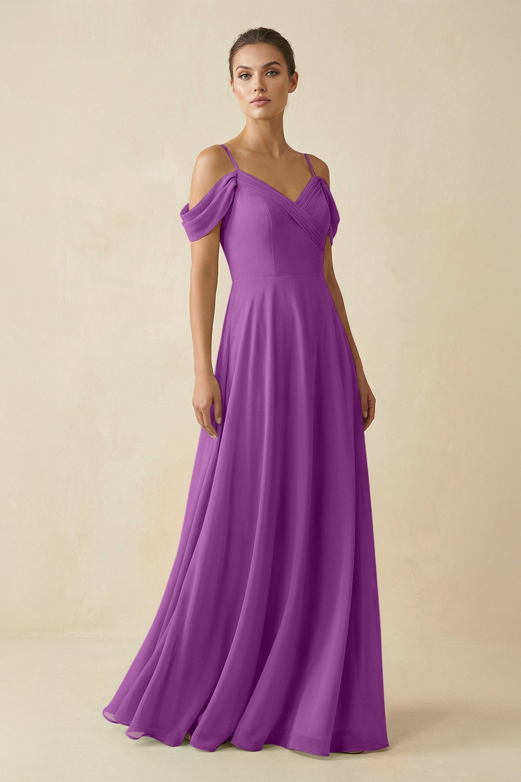 Off - the - Shoulder A - Line Pleated Chiffon Bridesmaid Gown in Amethyst - SHE IS ME Bridesmaid Dresses