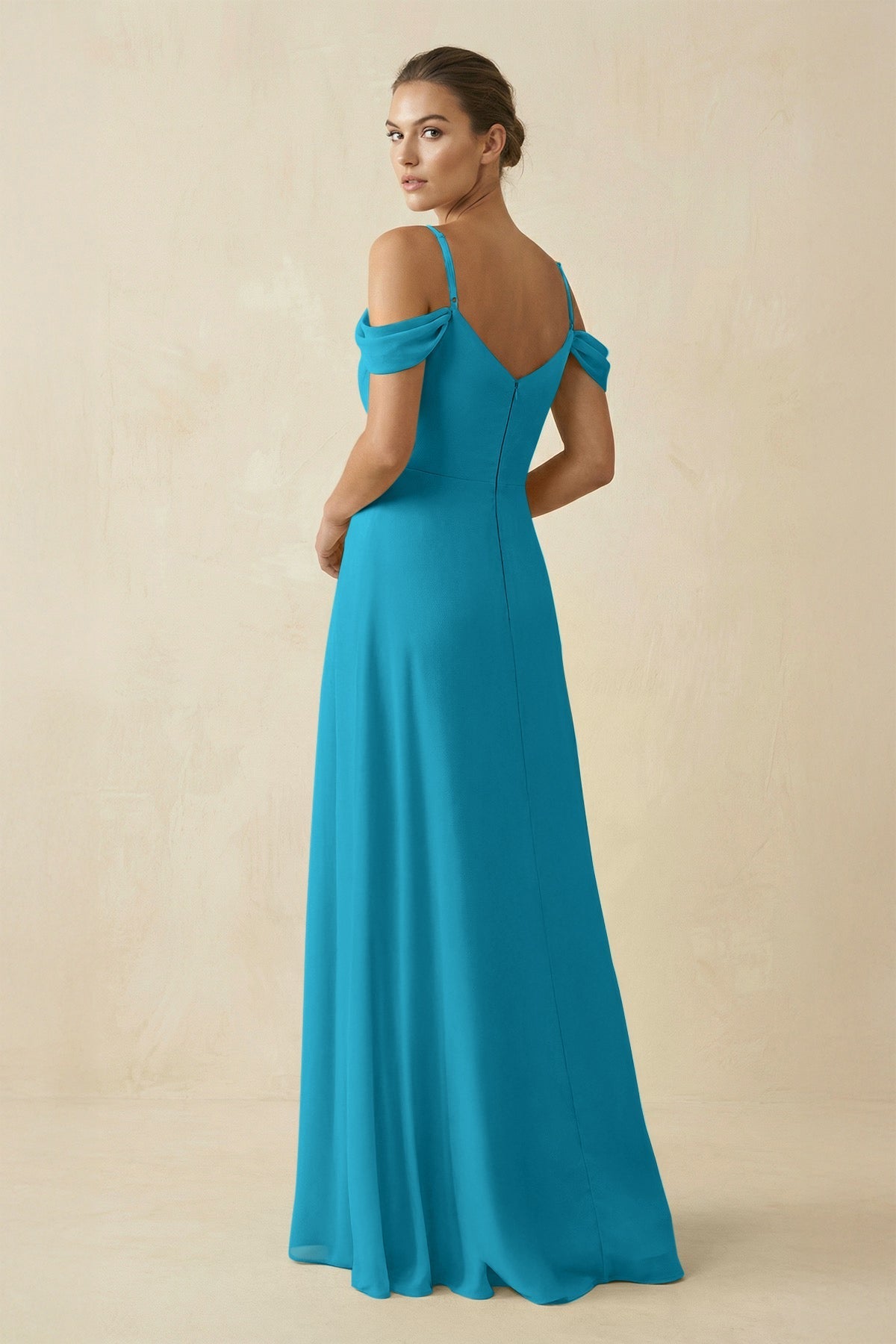 Off - the - Shoulder A - Line Pleated Chiffon Bridesmaid Gown in Blue Jay - SHE IS ME Bridesmaid Dresses