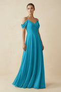 Off - the - Shoulder A - Line Pleated Chiffon Bridesmaid Gown in Blue Jay - SHE IS ME Bridesmaid Dresses