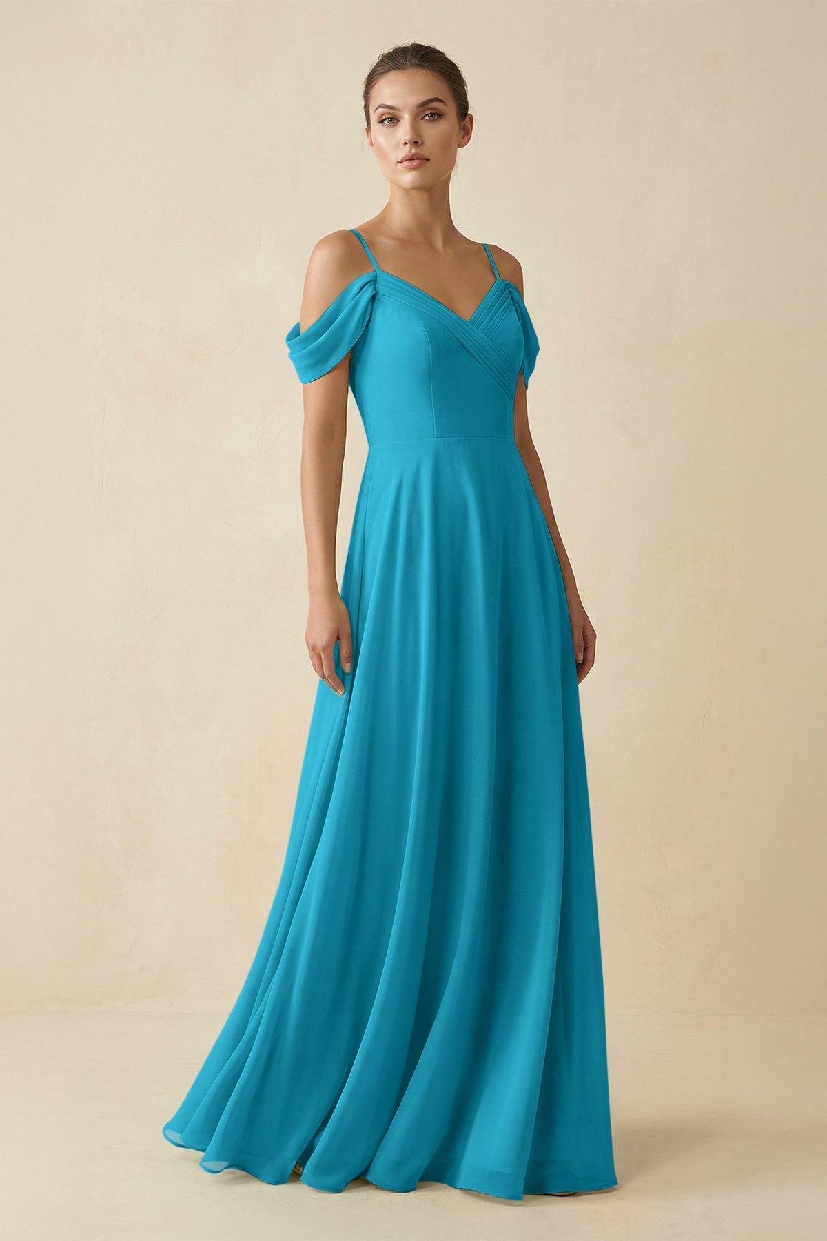 Off - the - Shoulder A - Line Pleated Chiffon Bridesmaid Gown in Blue Jay - SHE IS ME Bridesmaid Dresses