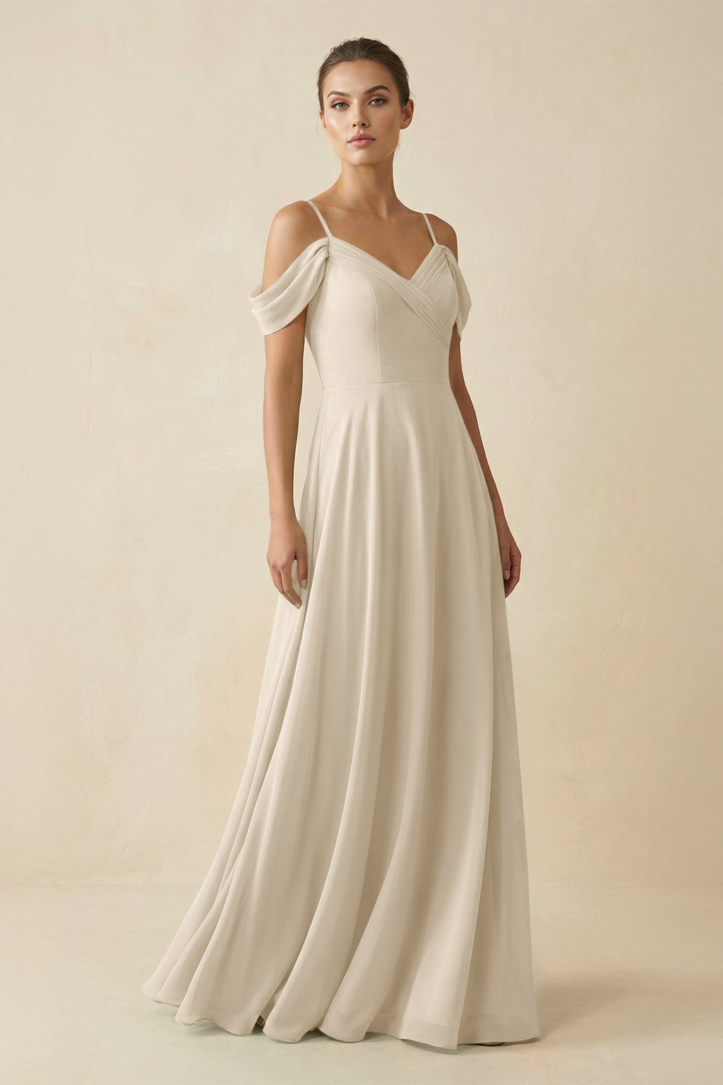 Off - the - Shoulder A - Line Pleated Chiffon Bridesmaid Gown in Champagne - SHE IS ME Bridesmaid Dresses