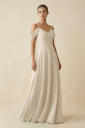 Off - the - Shoulder A - Line Pleated Chiffon Bridesmaid Gown in Champagne - SHE IS ME Bridesmaid Dresses