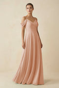 Off - the - Shoulder A - Line Pleated Chiffon Bridesmaid Gown in Champagne Rose - SHE IS ME Bridesmaid Dresses