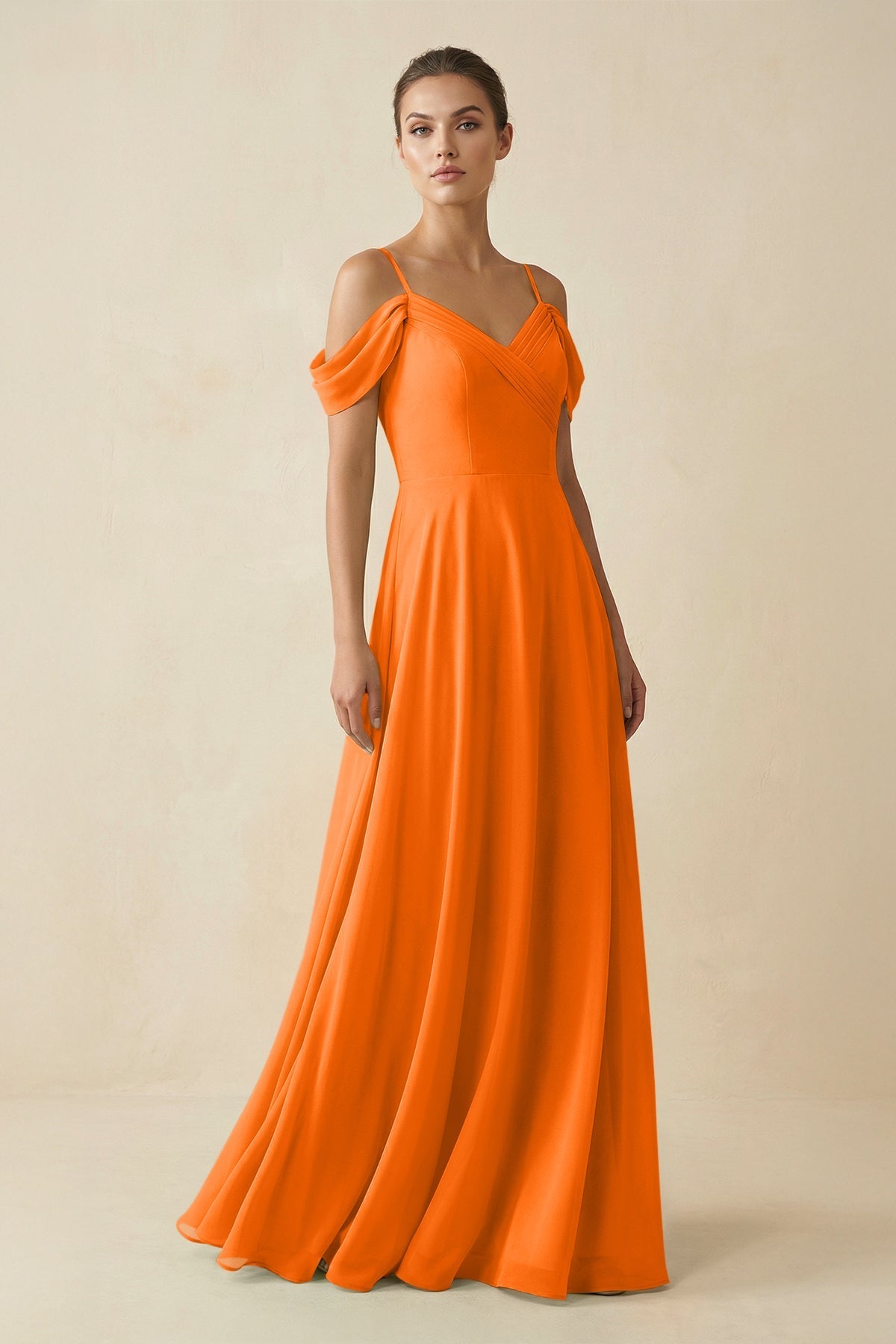 Off - the - Shoulder A - Line Pleated Chiffon Bridesmaid Gown in Cinnamon - SHE IS ME Bridesmaid Dresses