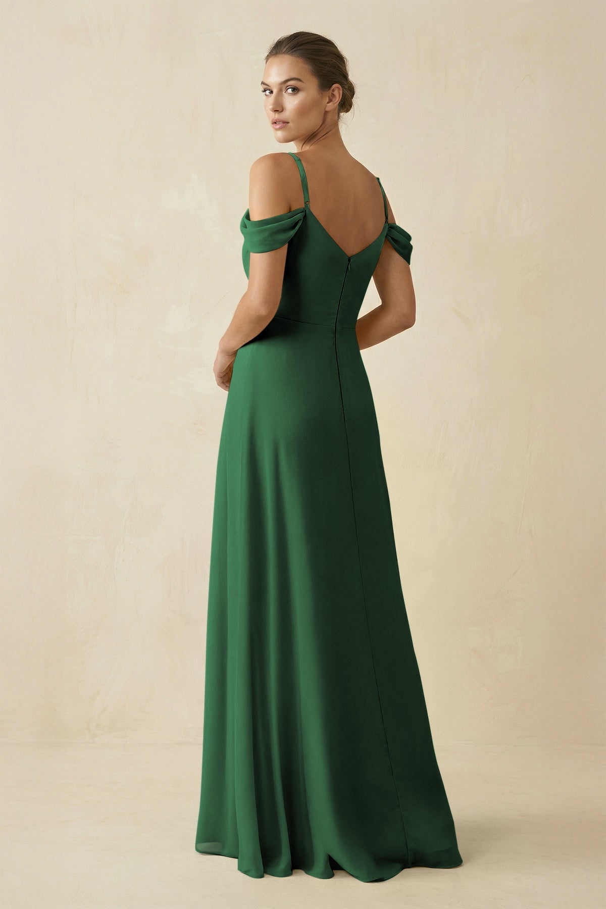 Off - the - Shoulder A - Line Pleated Chiffon Bridesmaid Gown in Dark Green - SHE IS ME Bridesmaid Dresses