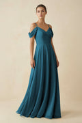 Off - the - Shoulder A - Line Pleated Chiffon Bridesmaid Gown in Dark Teal - SHE IS ME Bridesmaid Dresses