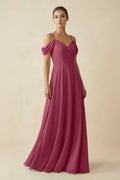 Off - the - Shoulder A - Line Pleated Chiffon Bridesmaid Gown in Desert Rose - SHE IS ME Bridesmaid Dresses