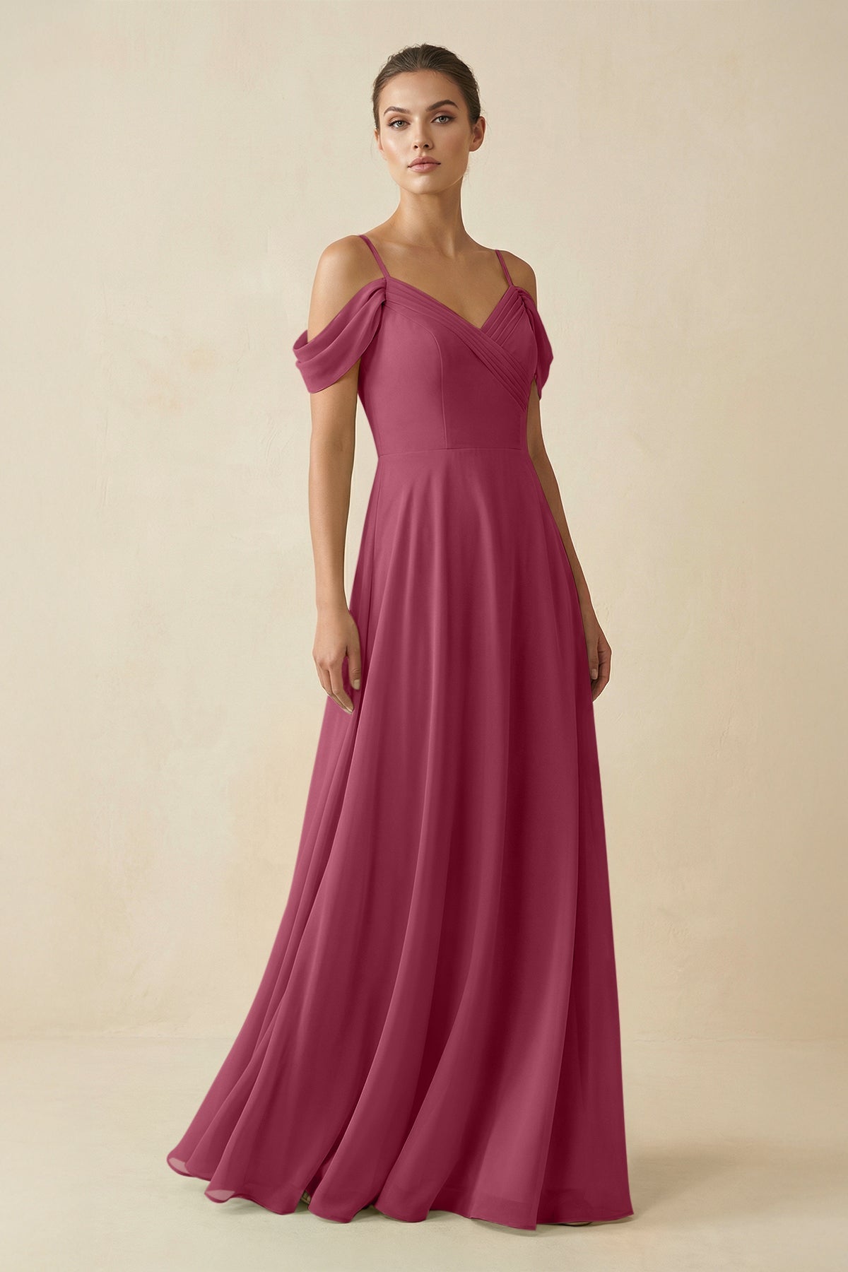 Off - the - Shoulder A - Line Pleated Chiffon Bridesmaid Gown in Desert Rose - SHE IS ME Bridesmaid Dresses