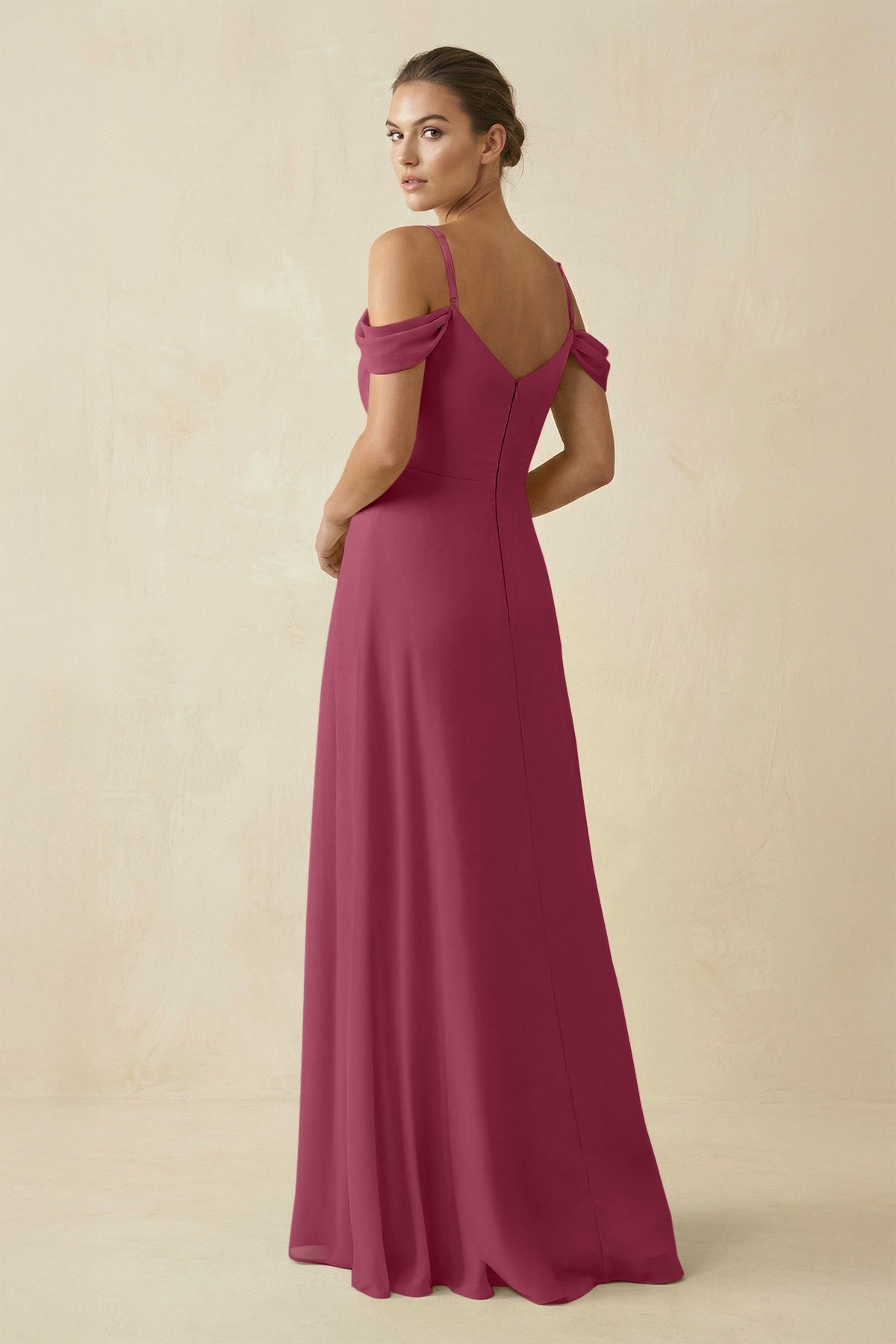 Off - the - Shoulder A - Line Pleated Chiffon Bridesmaid Gown in Desert Rose - SHE IS ME Bridesmaid Dresses