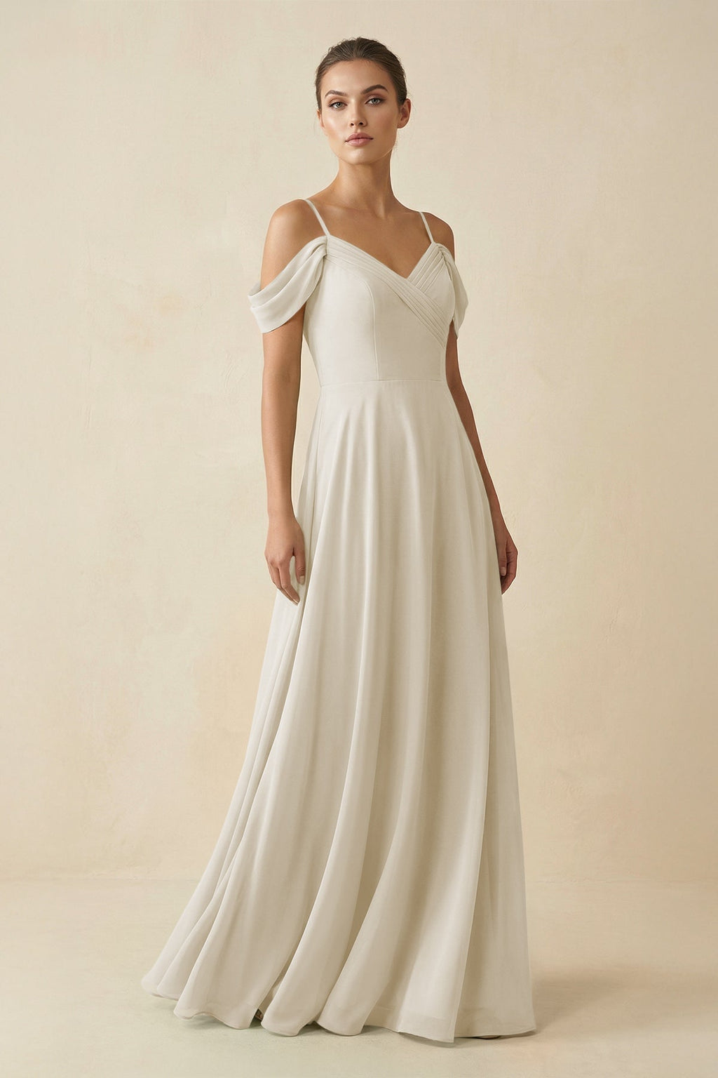 Off - the - Shoulder A - Line Pleated Chiffon Bridesmaid Gown in Dove Gray - SHE IS ME Bridesmaid Dresses