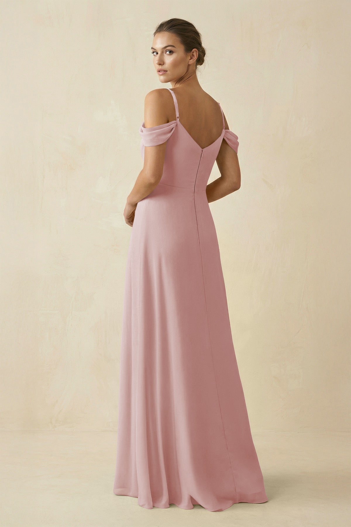 Off - the - Shoulder A - Line Pleated Chiffon Bridesmaid Gown in Dusty Rose - SHE IS ME Bridesmaid Dresses