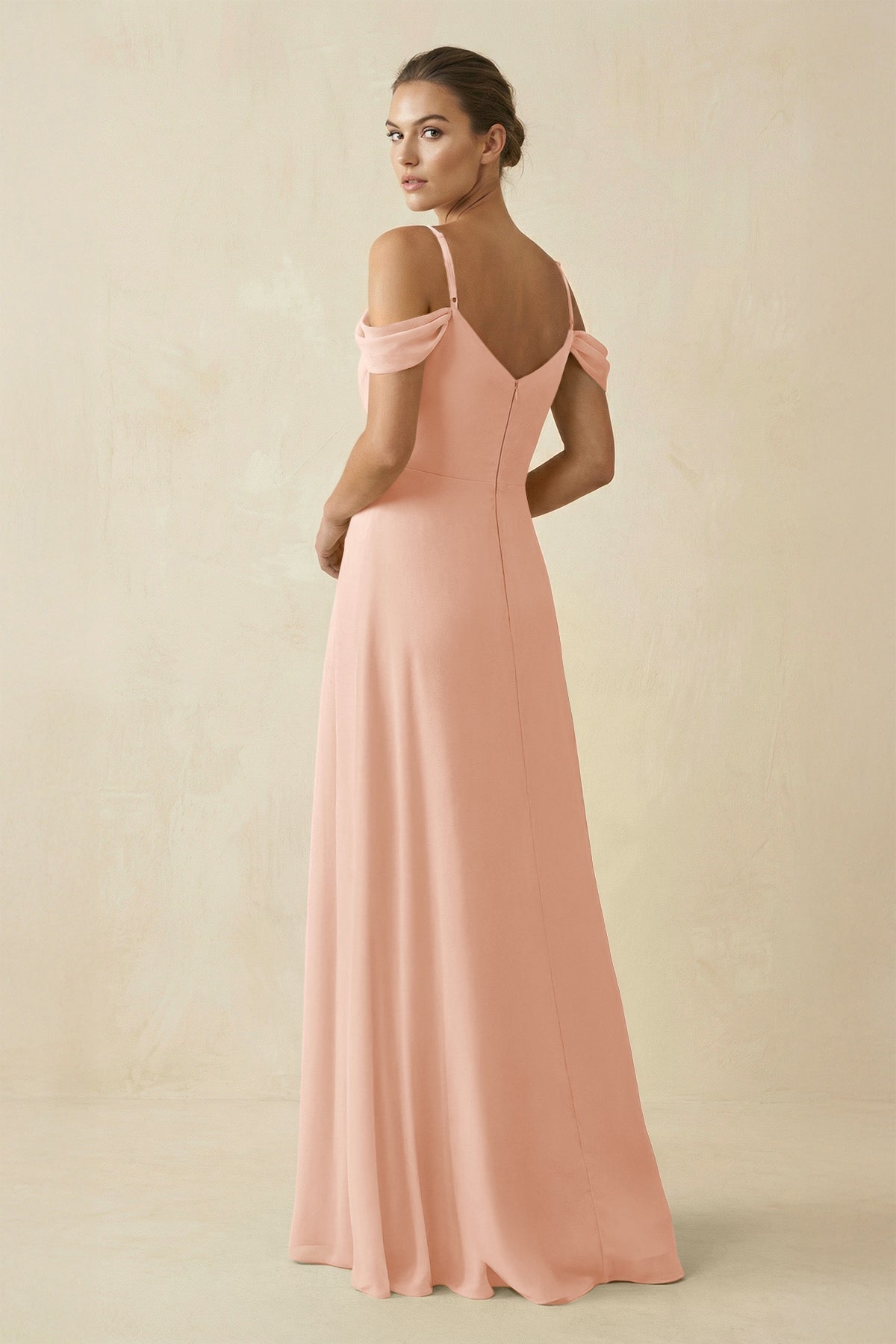Off - the - Shoulder A - Line Pleated Chiffon Bridesmaid Gown in English Rose - SHE IS ME Bridesmaid Dresses