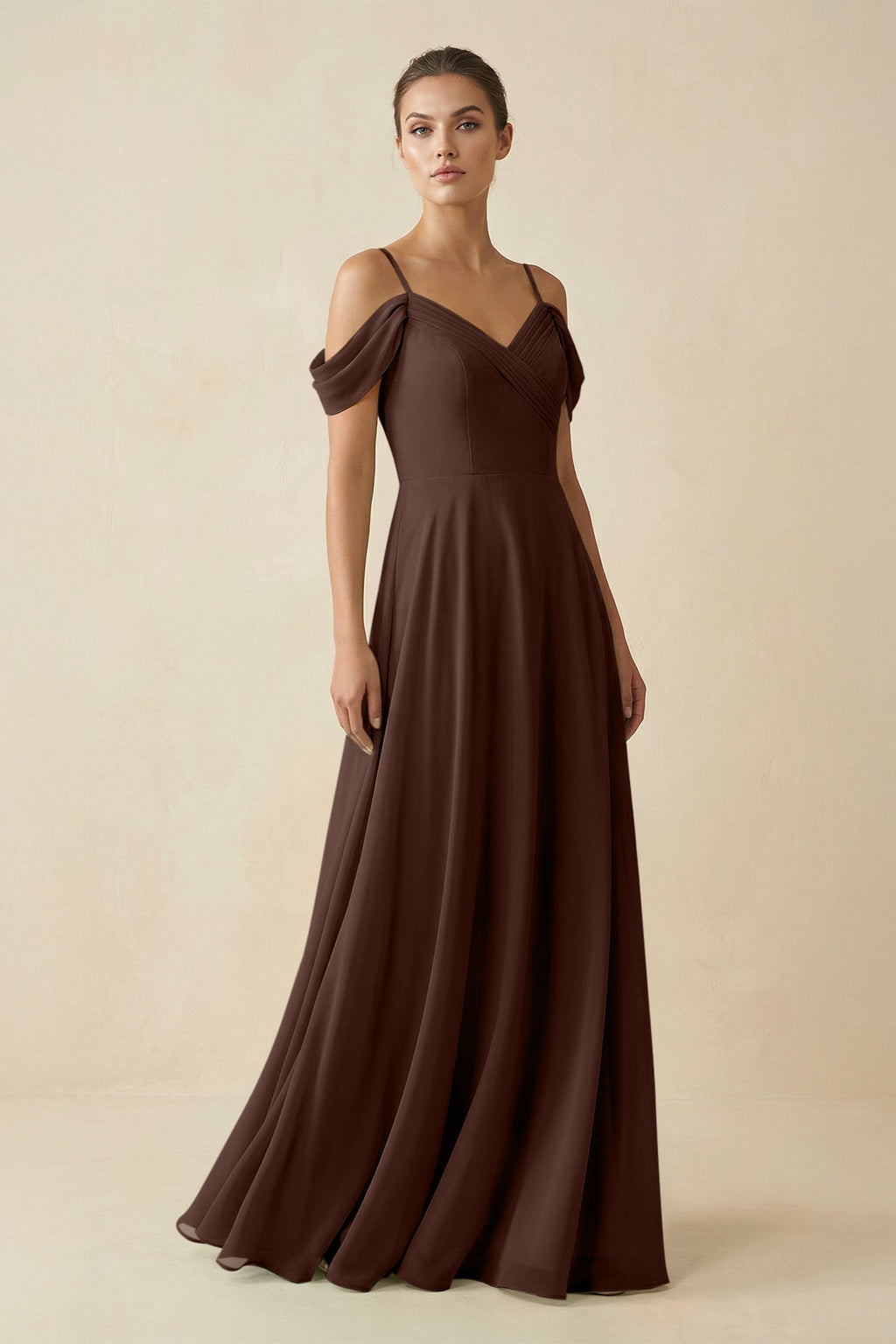 Off - the - Shoulder A - Line Pleated Chiffon Bridesmaid Gown in Espresso - SHE IS ME Bridesmaid Dresses