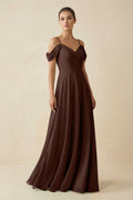 Off - the - Shoulder A - Line Pleated Chiffon Bridesmaid Gown in Espresso - SHE IS ME Bridesmaid Dresses