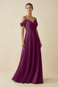 Off - the - Shoulder A - Line Pleated Chiffon Bridesmaid Gown in Fig - SHE IS ME Bridesmaid Dresses