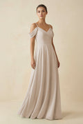 Off - the - Shoulder A - Line Pleated Chiffon Bridesmaid Gown in Frost - SHE IS ME Bridesmaid Dresses
