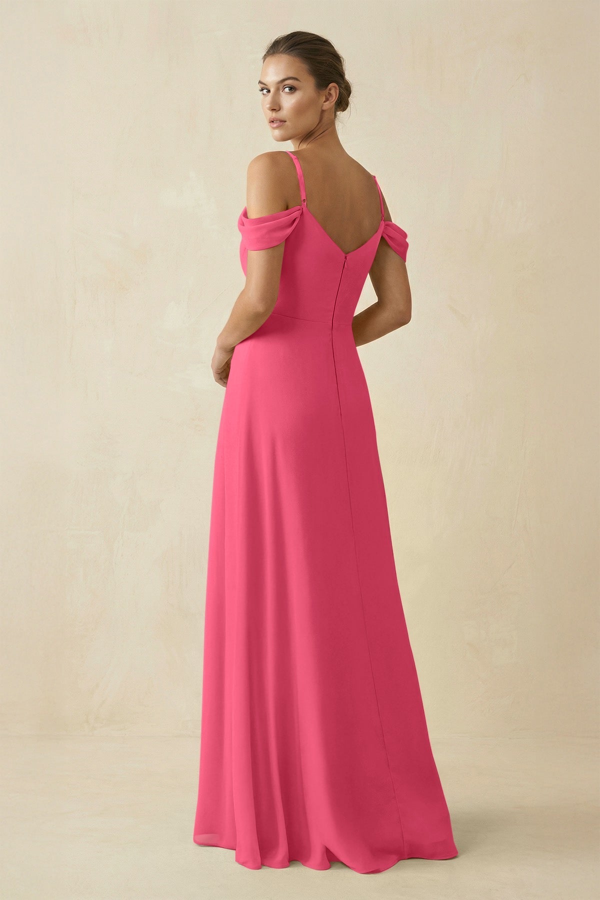 Off - the - Shoulder A - Line Pleated Chiffon Bridesmaid Gown in Fuchsia - SHE IS ME Bridesmaid Dresses