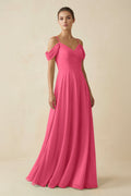 Off - the - Shoulder A - Line Pleated Chiffon Bridesmaid Gown in Fuchsia - SHE IS ME Bridesmaid Dresses