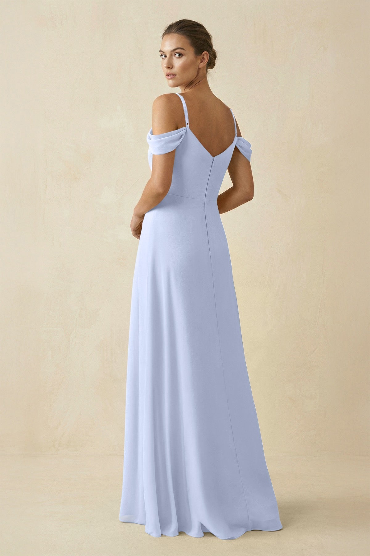 Off - the - Shoulder A - Line Pleated Chiffon Bridesmaid Gown in Ice - SHE IS ME Bridesmaid Dresses