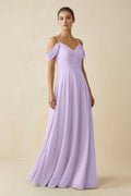 Off - the - Shoulder A - Line Pleated Chiffon Bridesmaid Gown in Lavender - SHE IS ME Bridesmaid Dresses