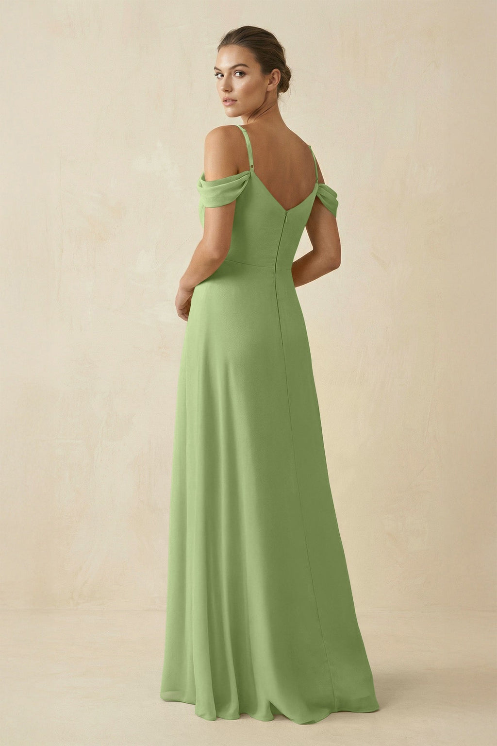 Off - the - Shoulder A - Line Pleated Chiffon Bridesmaid Gown in Matcha - SHE IS ME Bridesmaid Dresses