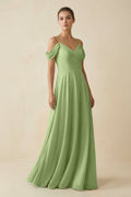 Off - the - Shoulder A - Line Pleated Chiffon Bridesmaid Gown in Matcha - SHE IS ME Bridesmaid Dresses