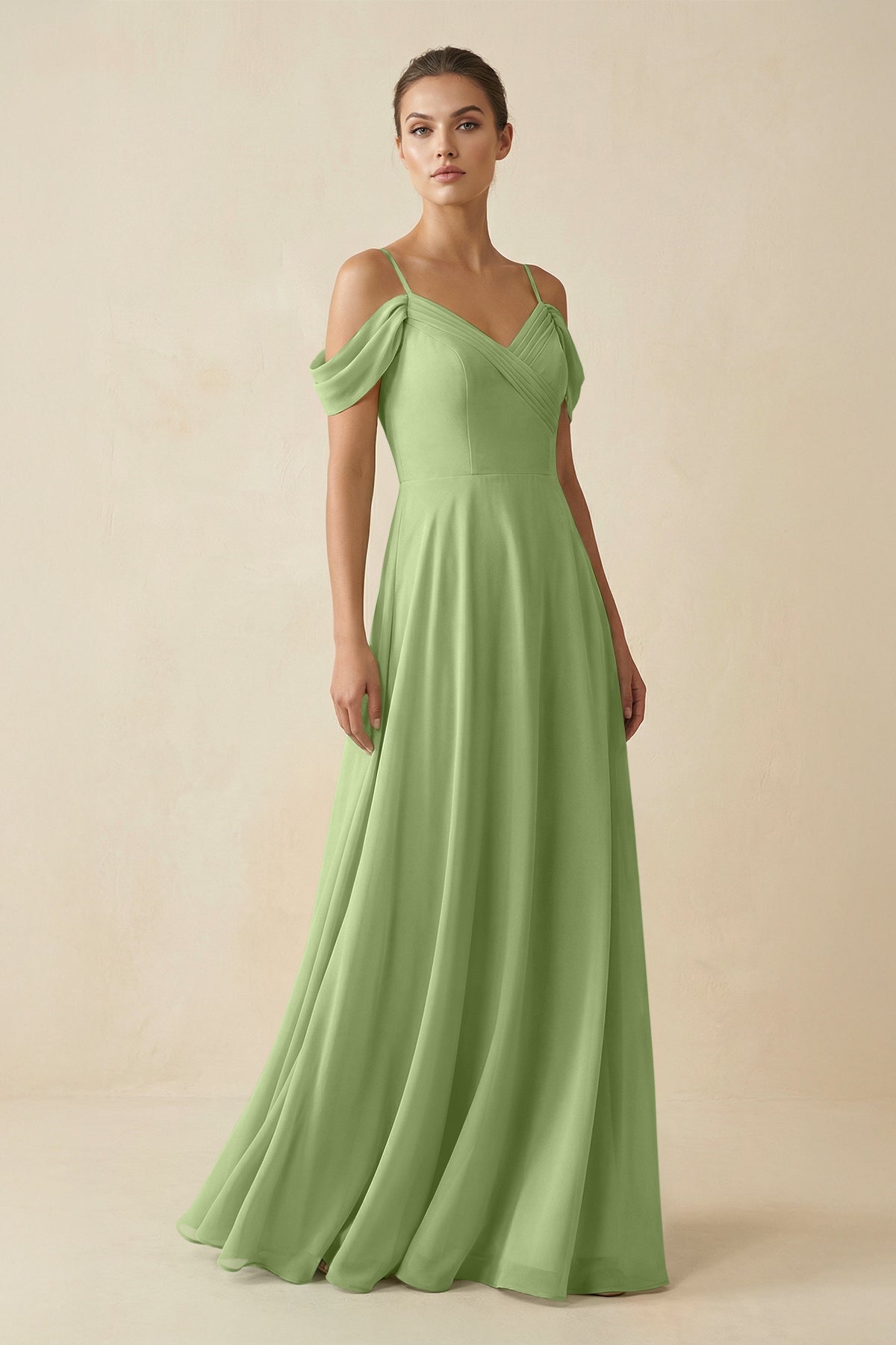 Off - the - Shoulder A - Line Pleated Chiffon Bridesmaid Gown in Matcha - SHE IS ME Bridesmaid Dresses